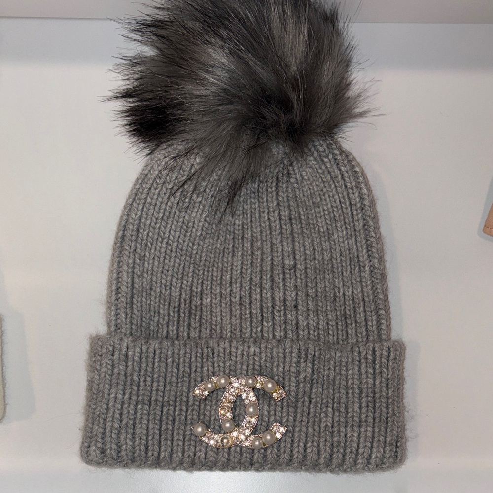 CC INSPIRED Gray Knit Pom Beanie with Crystal Logo Accent